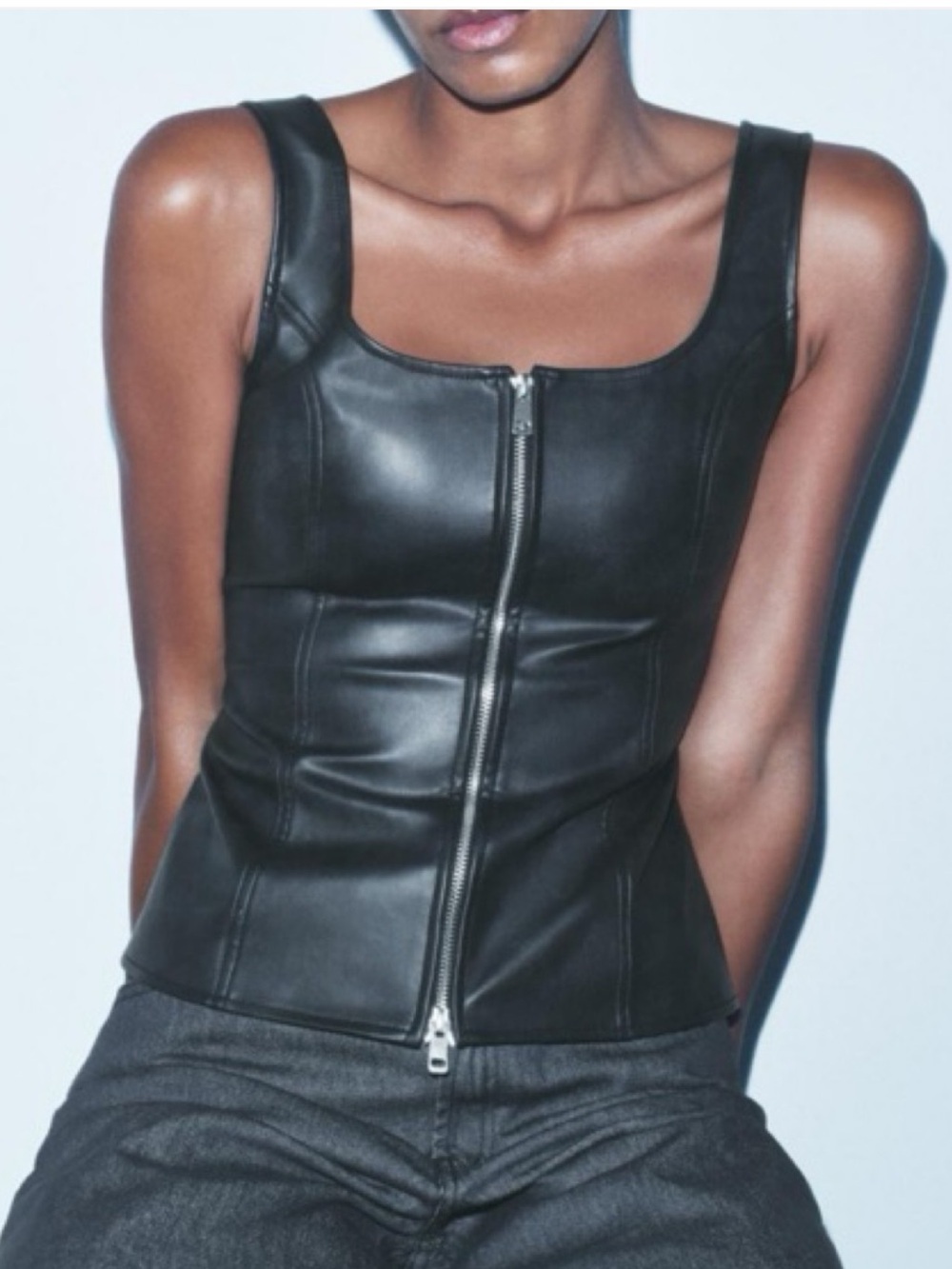 ZARA NEW WITH TAGS Black Leather Zip-Front Tank Top